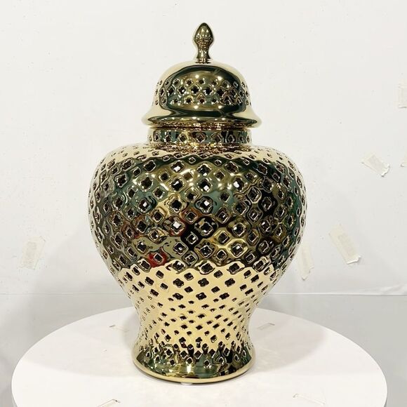 Artline Gold Tone Lattice Ginger Jar Traditional Pierced Medium Size - Picture 1 of 7